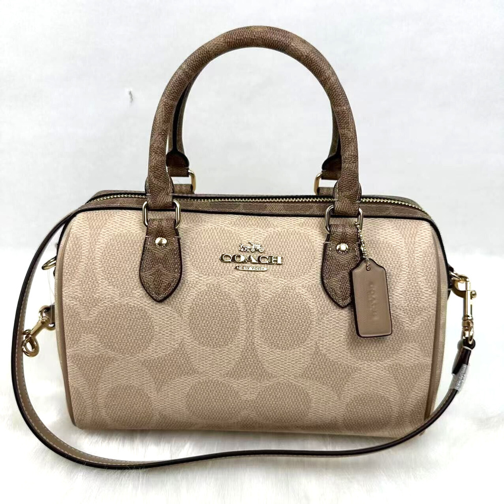 Coach Rowan Satchel Bag Crossbody In Blocked Signature Canvas Gold/Sand/Tan NWT